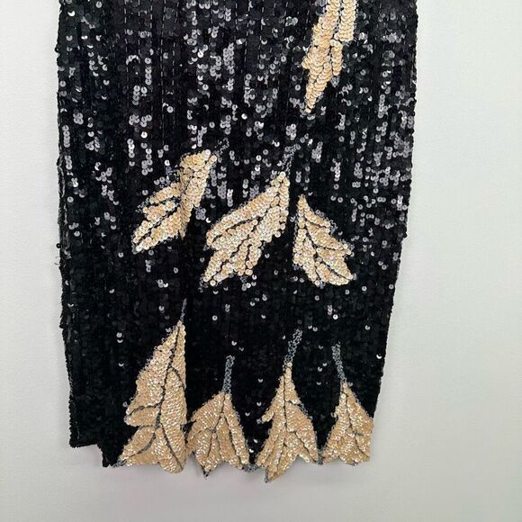 Lillie Rubin Women’s Black Cream All Over Sequin Leaf Illusion Neck Mini Dress - Picture 9 of 16
